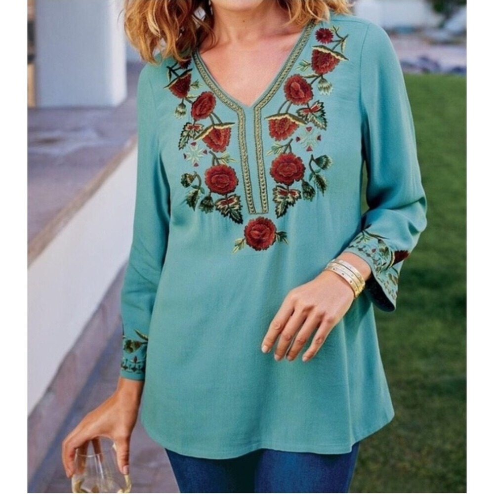 Soft Surroundings Pathfind Tunic Top Womens M Teal Embroidered Boho Peasant